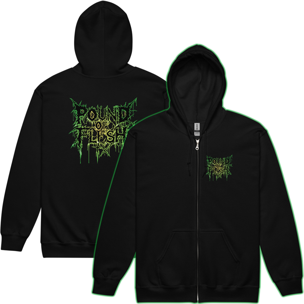 Black Zipper Hoodie with Pound of Flesh TX Green Logo