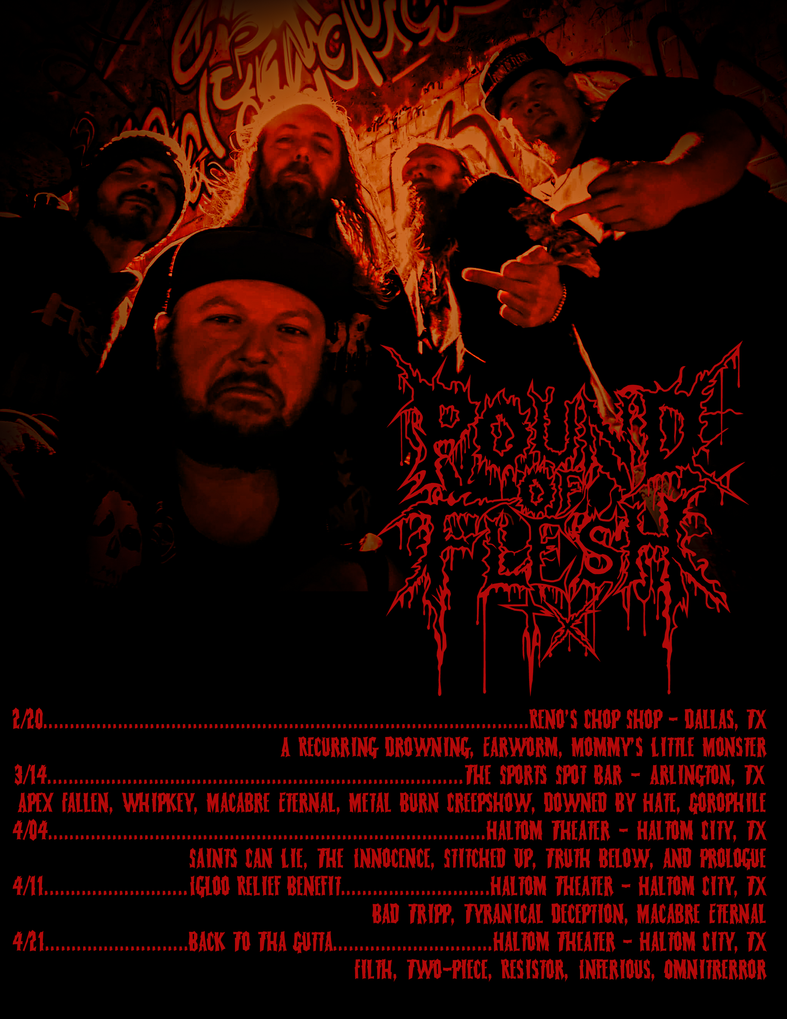 Upcoming Spring concert Dates. February 20th at Reno's Chop Shop, March 14th at The Sports Spot Bar in Arlington, April 4th, 11th and 21st at the Haltom Theater.